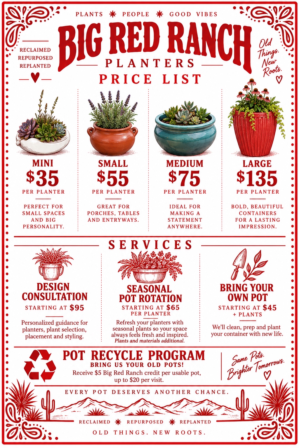 Big Red Ranch price list showing planter sizes, services, and pot recycling program